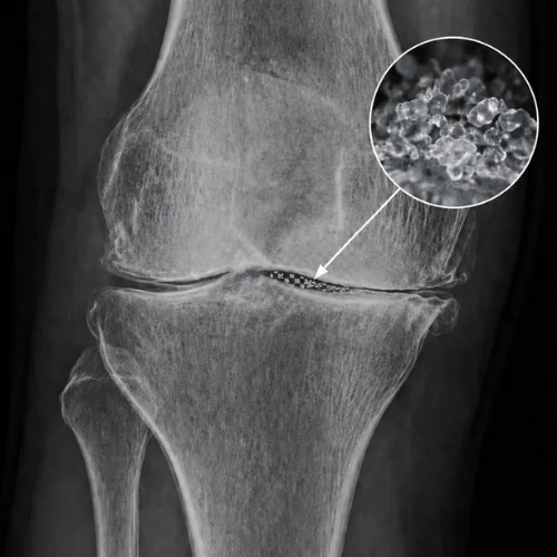 Calcium crystal deposits within the joint space